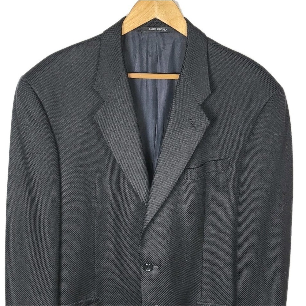 Armani‎ Collezioni Sport Coat Blazer Mens 44L Black Diagonal Ribbed 3-Button